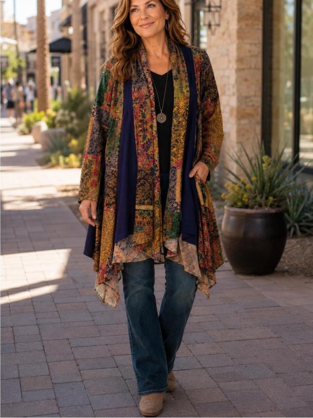 Soft Surroundings Womens Izmir Patchwork Open Front Cardigan Blue Brown XL